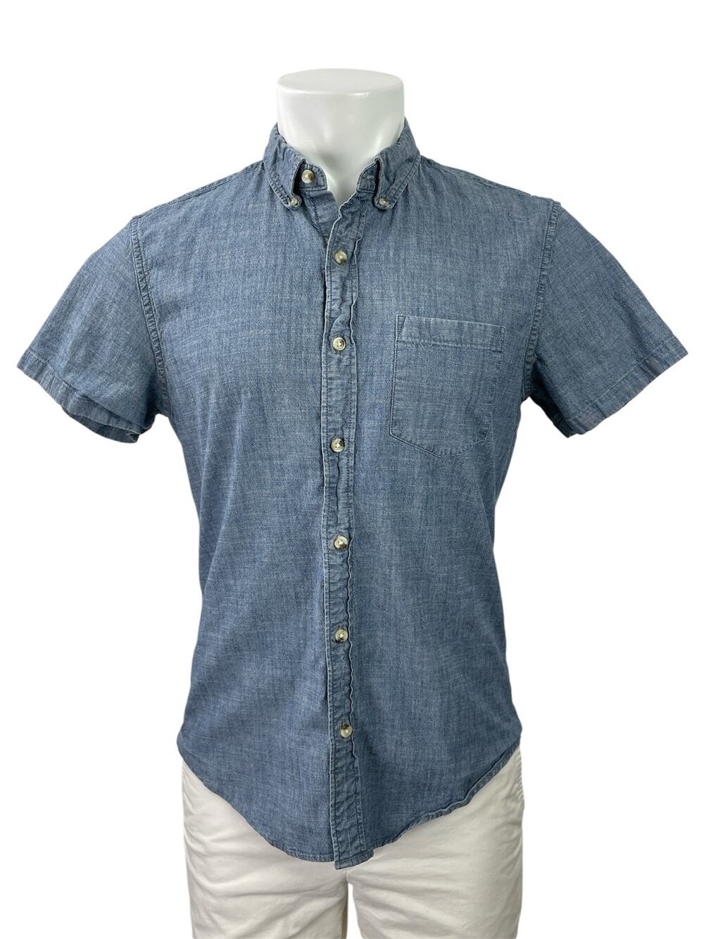 J.Crew Flex Mens Blue Collared Short Sleeve Button Down Denim Shirt Top Size M